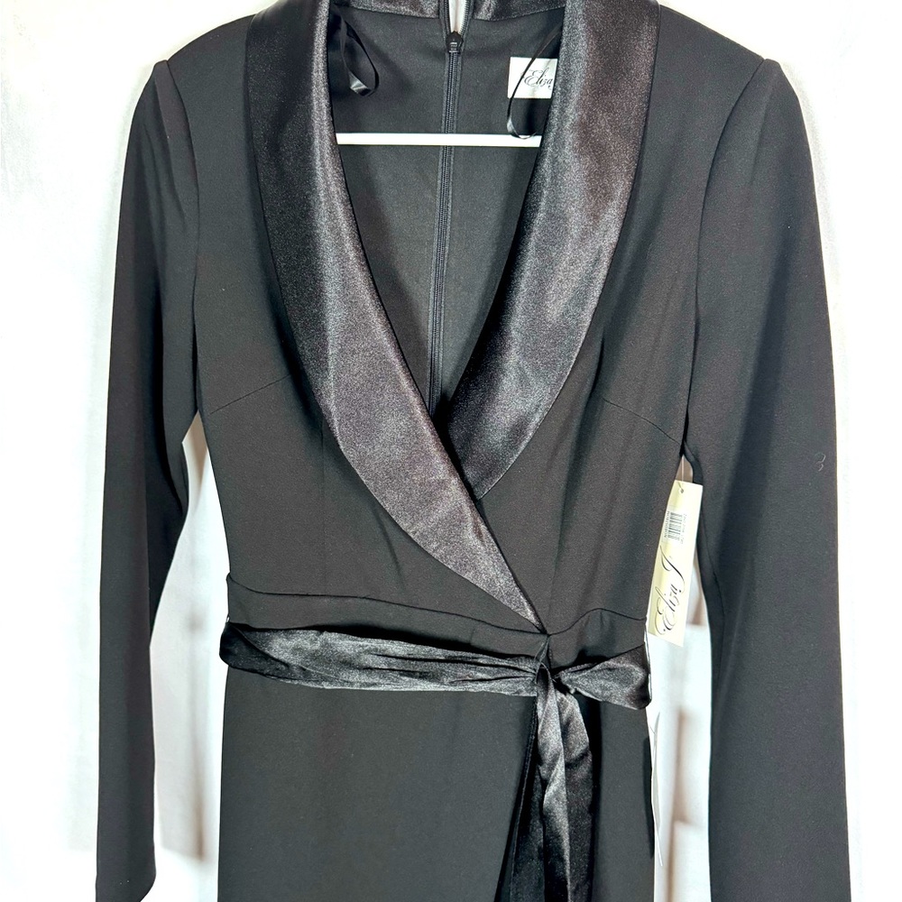 Long Black Dress, Tuxedo Neck long sleeves Women’s Long Dress, Designer Eliza J